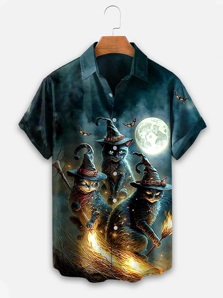 Men's Halloween Cat Print Casual Shirt