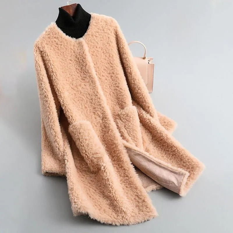 Women's Shearling Coat &ndash; Collarless Open-Front Teddy Layer &ndash; Khaki Beige