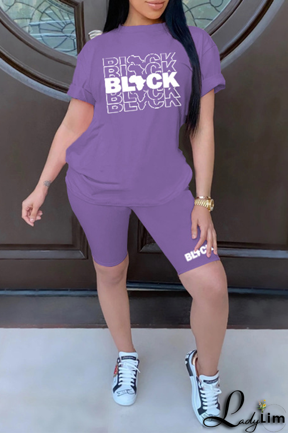 Purple Fashion Print Patchwork O Neck Short Sleeve Two Pieces