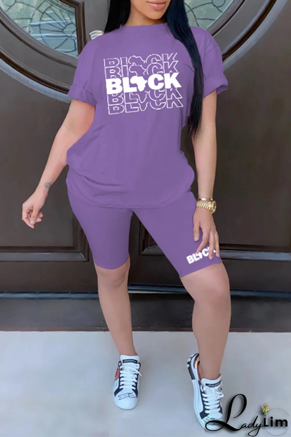 Purple Fashion Print Patchwork O Neck Short Sleeve Two Pieces