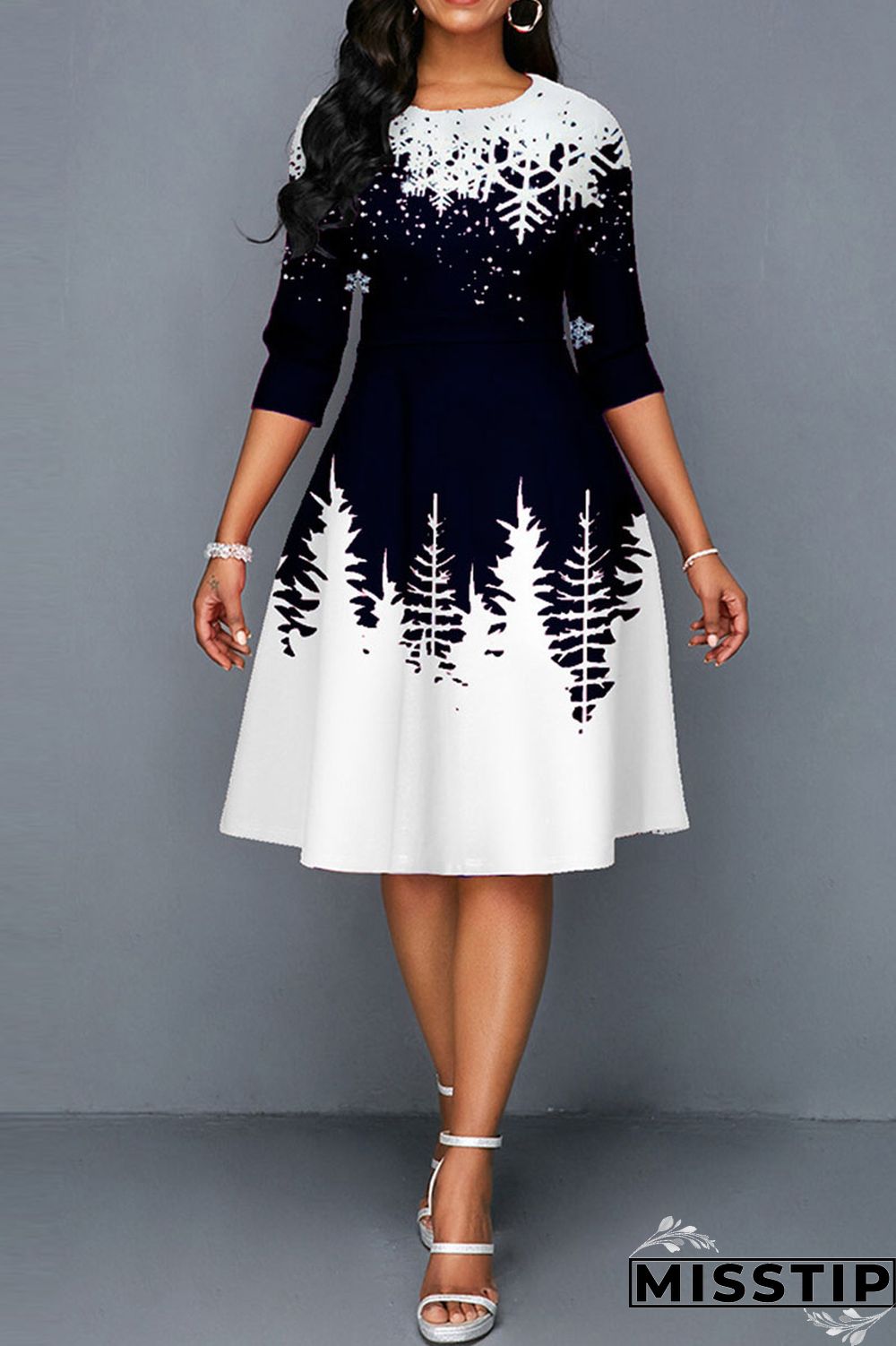 Blue Casual Print Patchwork O Neck A Line Dresses