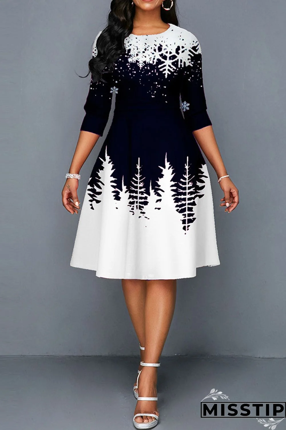 Blue Casual Print Patchwork O Neck A Line Dresses