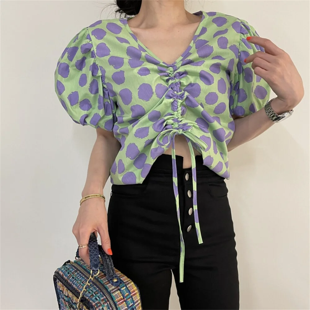 Jangj Alien Kitty Printed High Waist Blouses Women Chic Elegant V-Neck Sexy Hot Summer Puff Sleeve Fashion Loose Office Lady Mujer