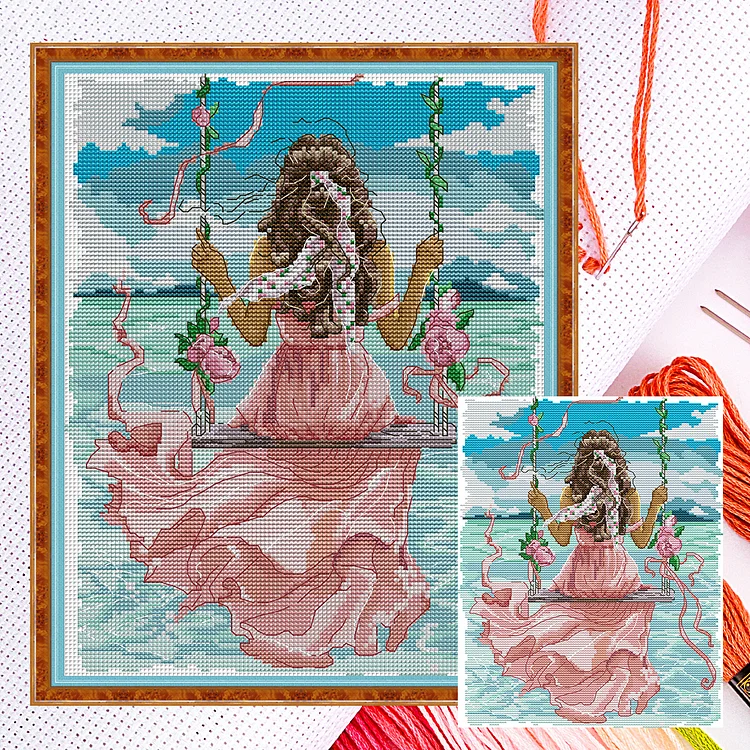 Joy Sunday Girl watching the sea - 11CT Counted Cross Stitch - 34*43cm(Canvas)