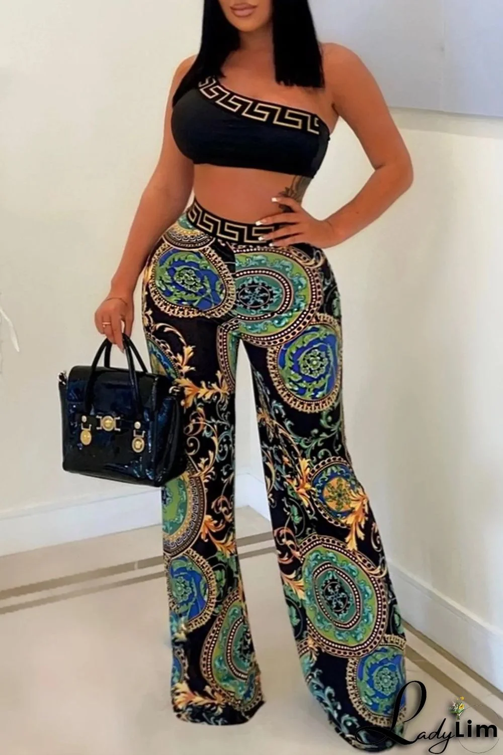 Black Sexy Casual Print Patchwork Backless Oblique Collar Sleeveless Two Pieces