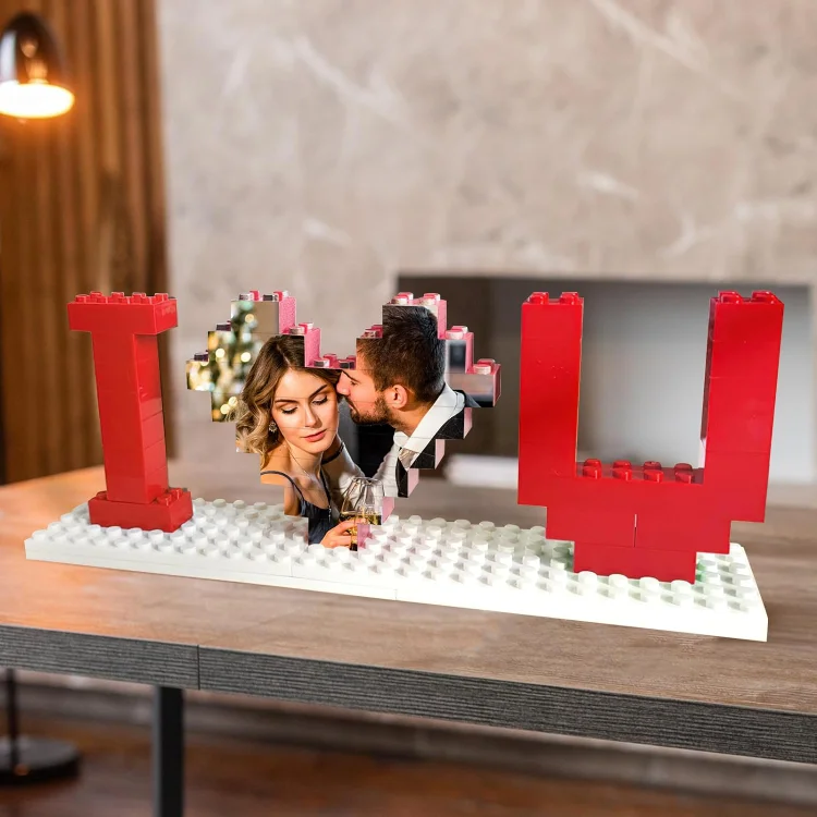 Personalized Photo Building Blocks Puzzles - Custom I Love U Bricks Puzzle with Heart Shaped Picture - DIY Romantic Home Decor Anniversary Birthday Gifts for Her, Him, Lovers, Couples