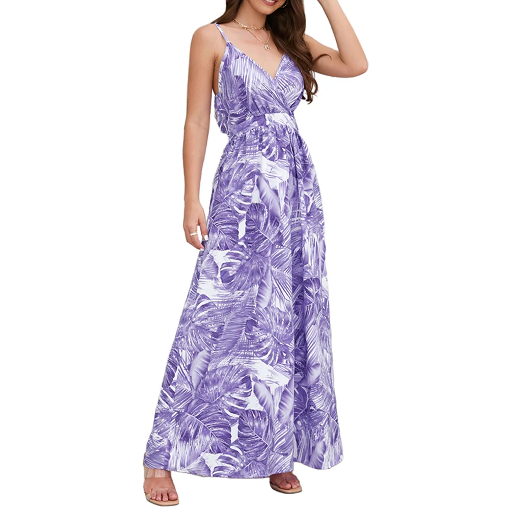 Purple Bohemia Print V Neck Maxi Dress