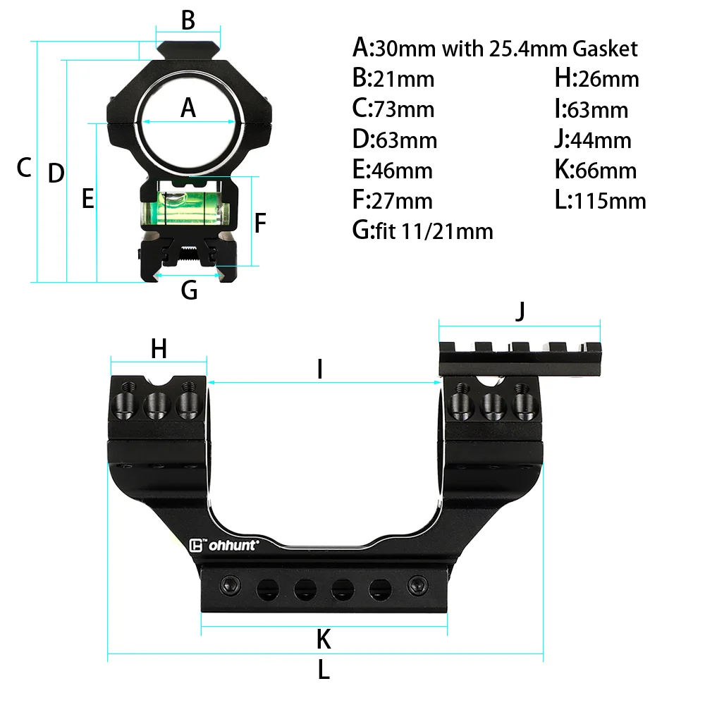 ohhunt® 11mm 3/8" Dovetail & 20mm Picatinny Rifle Scope Rings One Piece Cantilever Mount 30mm 25.4mm Bubble Level