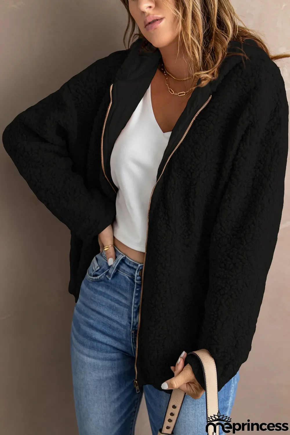 Black Zip Up Sherpa Hooded Coat with Pocket