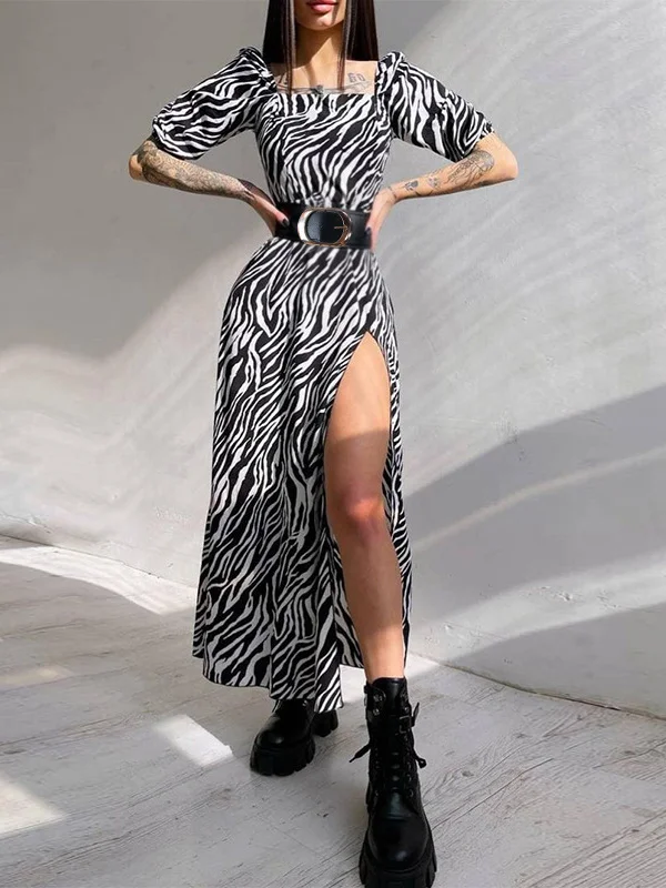 Fashion Square-Neck Zebra Printed Split-Side Belted Maxi Dresses