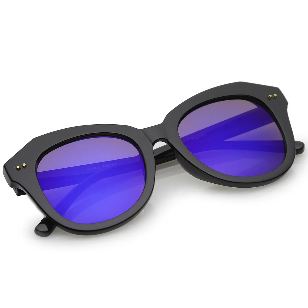 Women's Oversize Horn Rimmed Colored Mirror Round Lens Cat Eye glasses 52mm