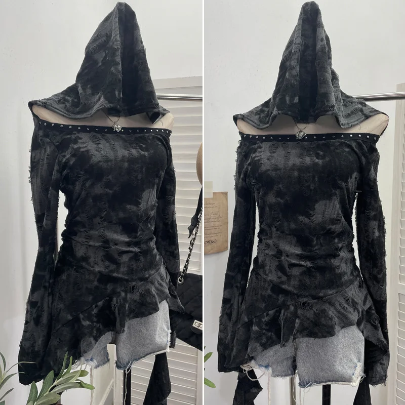 Churchf Real Shooting Niche Does Not Hit The Wasteland Hottie Wearing Hooded Holes Long Sleeves Irregular Ribbon Clothing 9297