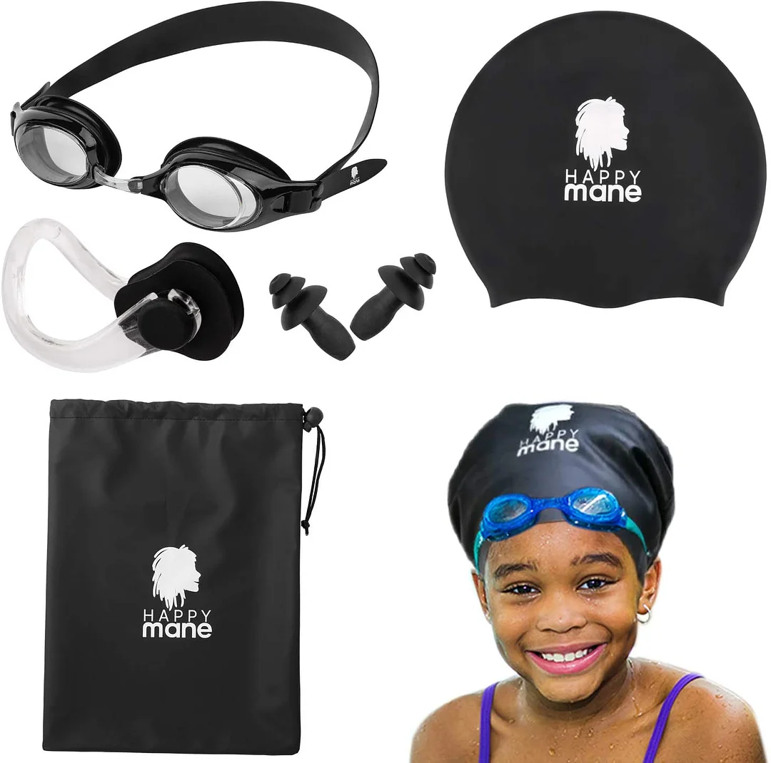 Complete Set Swim Cap for Braids and Dreadlocks Goggles Wet Bag Nose Clip Ear Plug Long Hair, Extensions, and Curly Hair