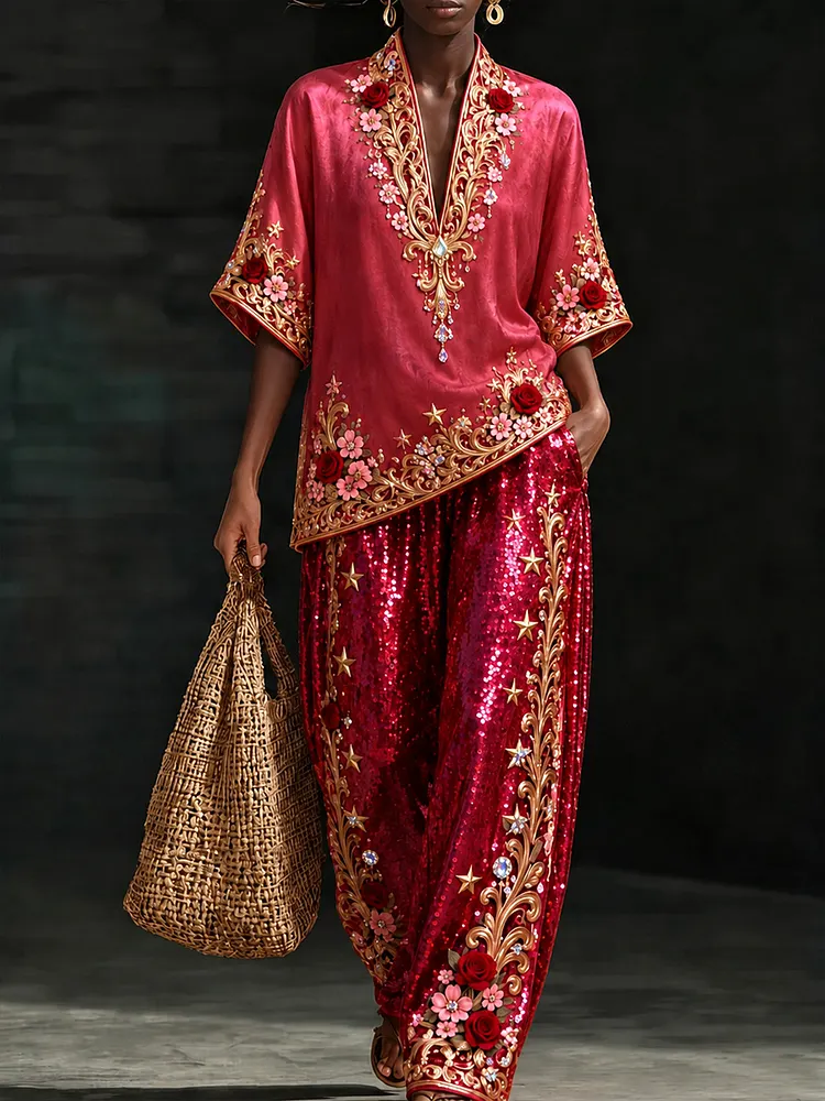 Women&rsquo;s Red Floral  2 Piece Pants Set, Loose V Neck Tunic Top and Wide Leg Pants, Luxury Boho Resort Outfit