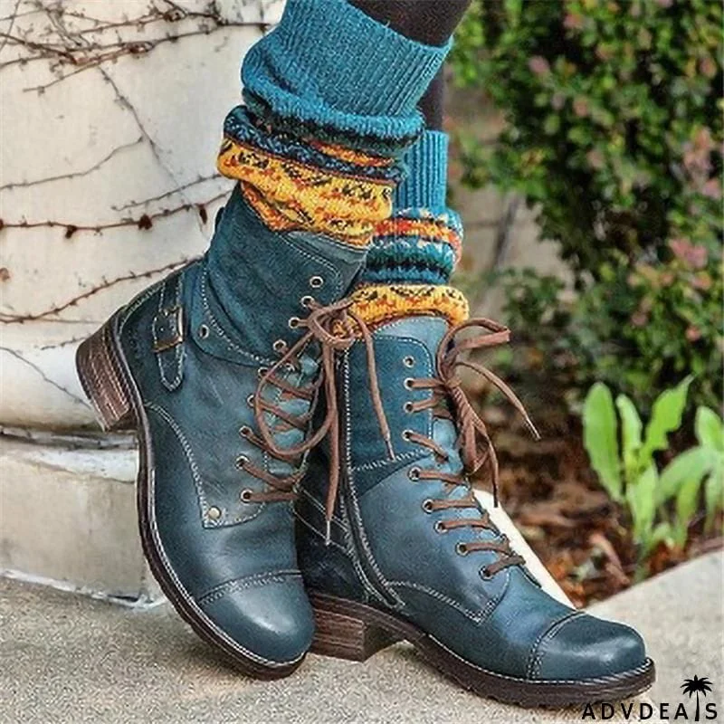 Vintage Style Ankle Harness Strap Lace-Up Block Heel Boots