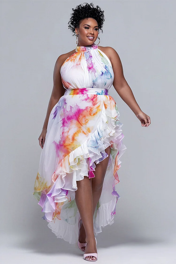 Xpluswear Design Plus Size Cocktail Party Elegant Multicolor Tie Dye Halter Collar Ruffle Split Chiffon Midi Dresses [Pre-Order] 2024 - Xpluswear