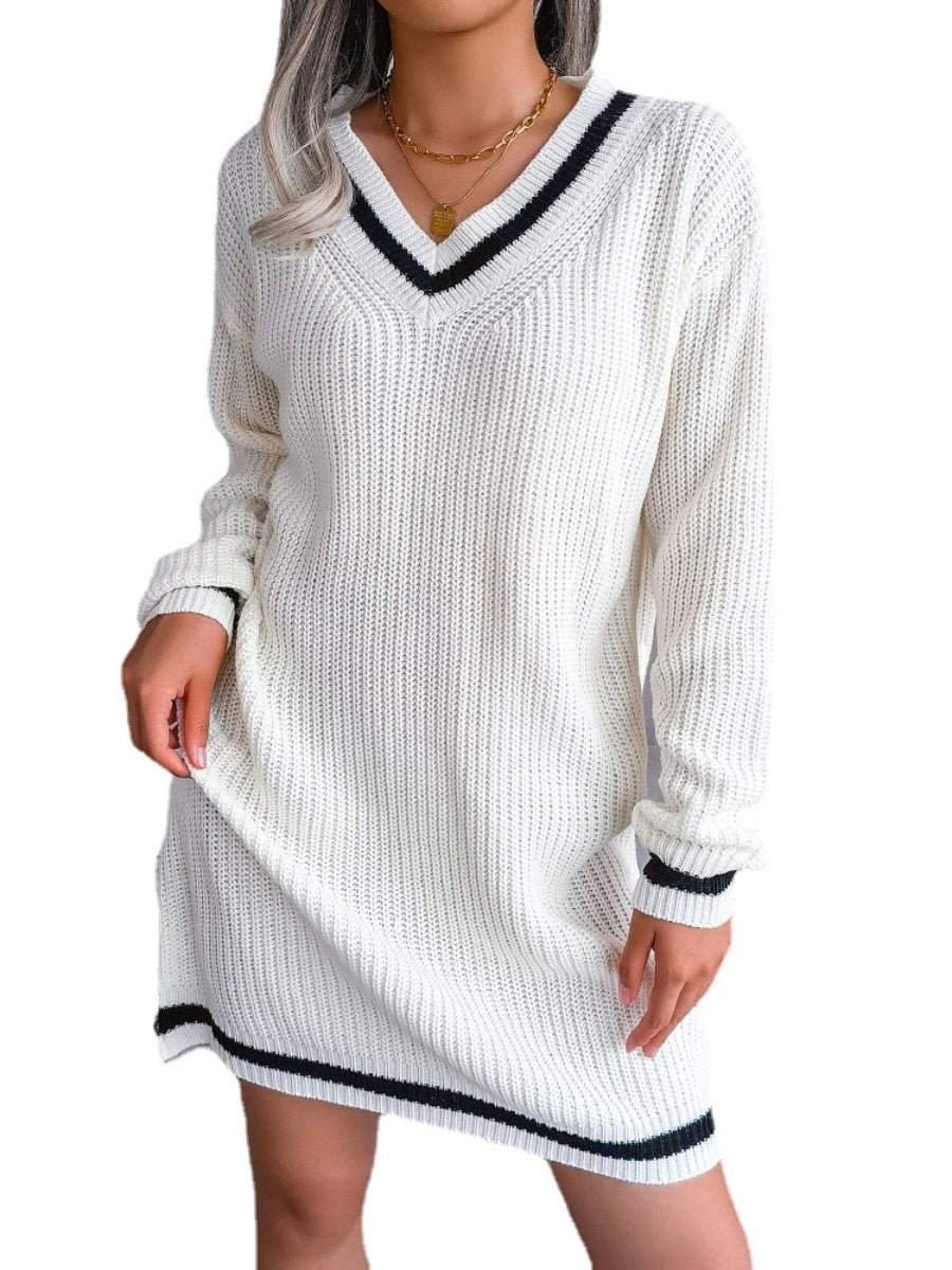 Women's Sweater Dress V-neck Long Sleeve Knitted Casual Midi Dress