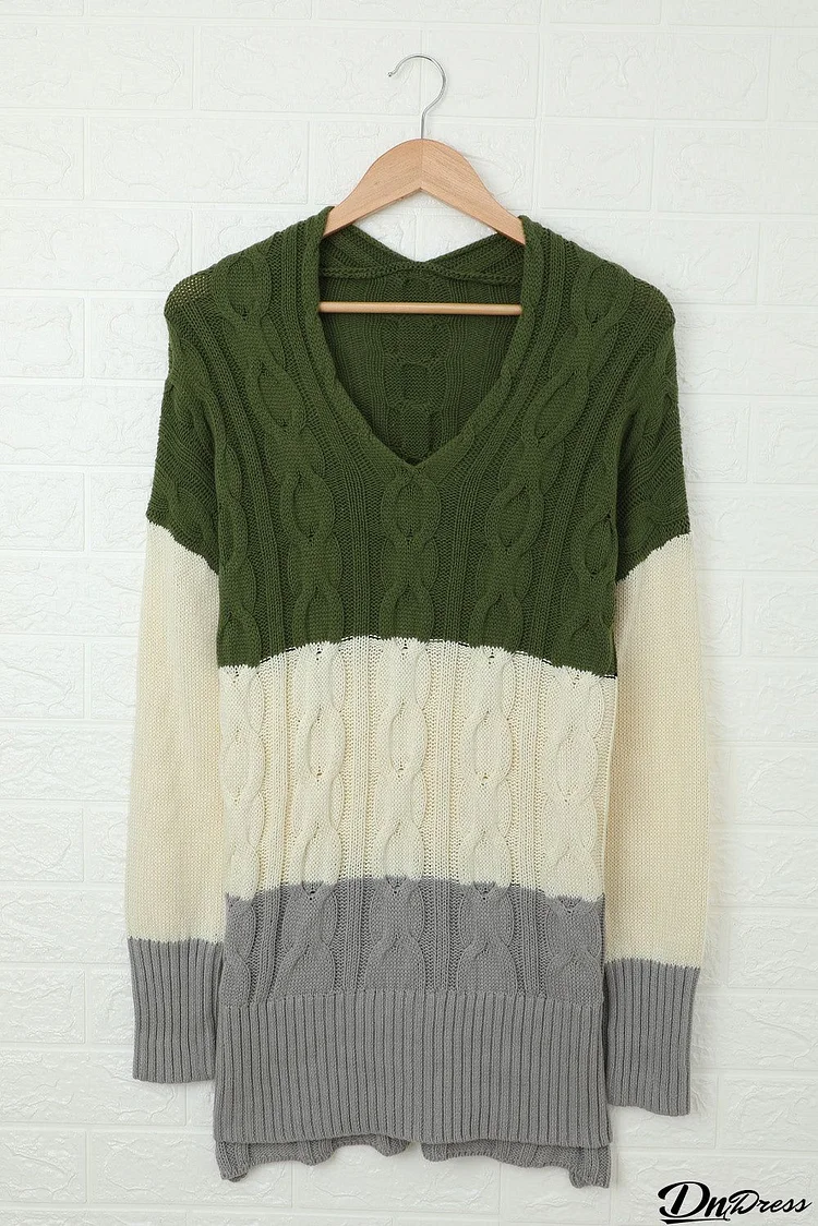 Women's Green Gray Colorblock Cable Knit Sweater with Slits