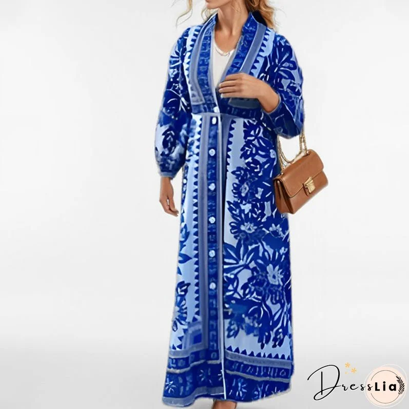 Women's Sleeve Printing Lapel Long Sleeves Large Dresses