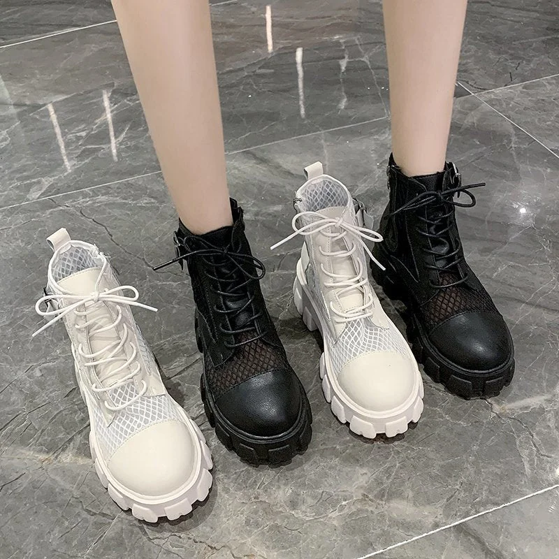 Classic Women Thick Bottom Black Mesh Summer Boots Round Toe Zipper Lace Up Platform Shoes Woman High Heels Ankle Botas