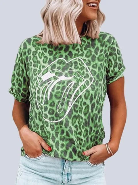 Leopard Print Round Neck Tops
