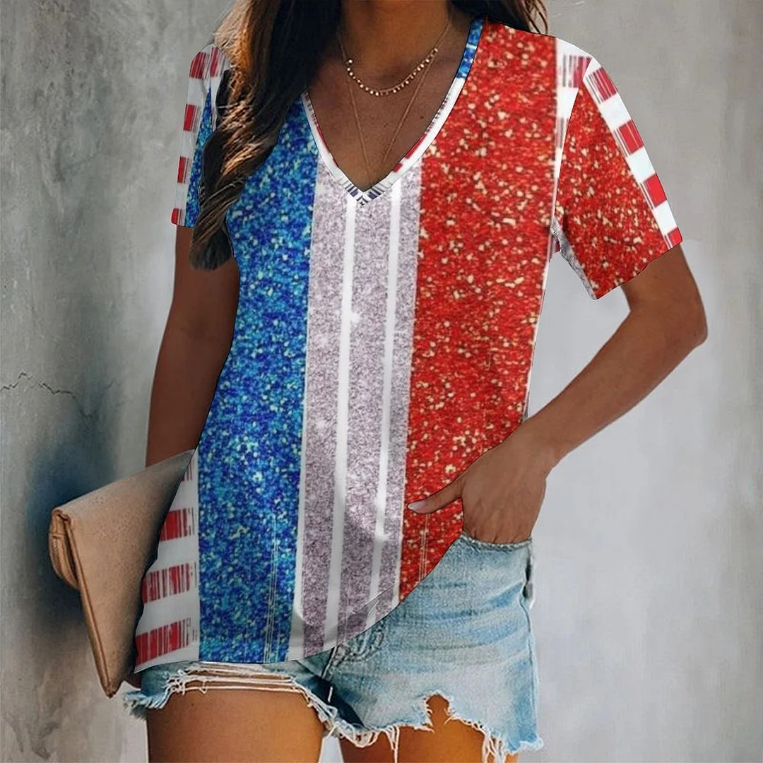 V-neck Short Sleeve Casual T-shirt for  Women Printed with Pattern USA, Independence Day, Star, Striped, Blue, Red