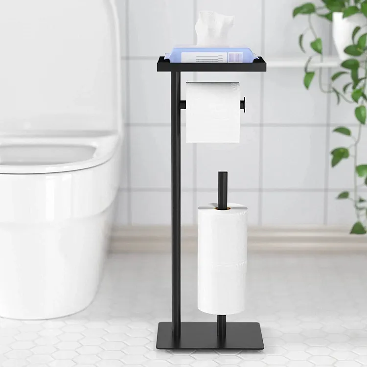 Toilet Paper Holder Stand with Top Storage Shelf, Black Toilet Paper Roll Holder Free Standing, Floor Standing Toilet Roll Dispenser Storages 4 Reserve Rolls
