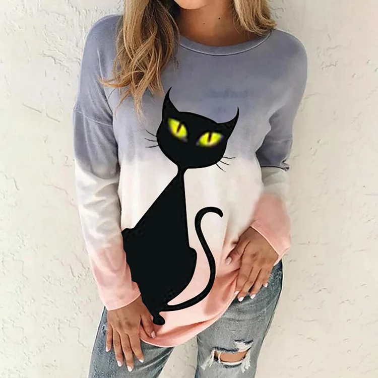Wearshes Cat Print Gradient Crew Neck Long Sleeve T-Shirt