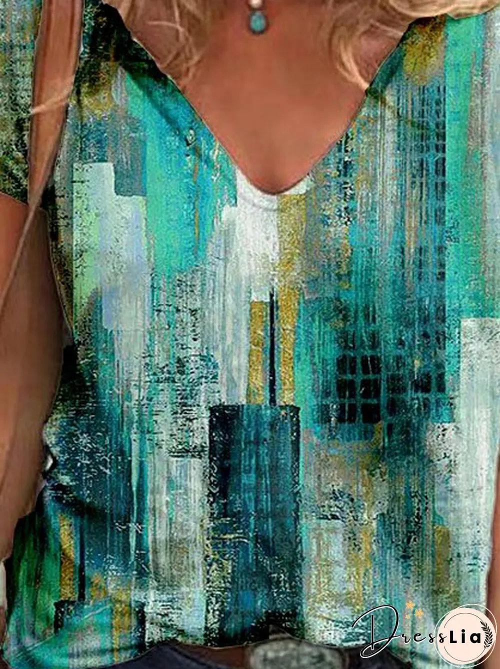 Casual Floral-Print Geometric V Neck T-shirt
