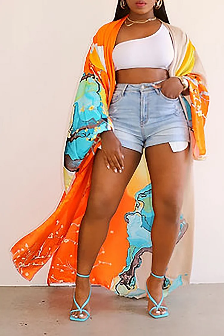 Plus Size Orange Casual Flower Print Colorblock Kimono Outerwear
