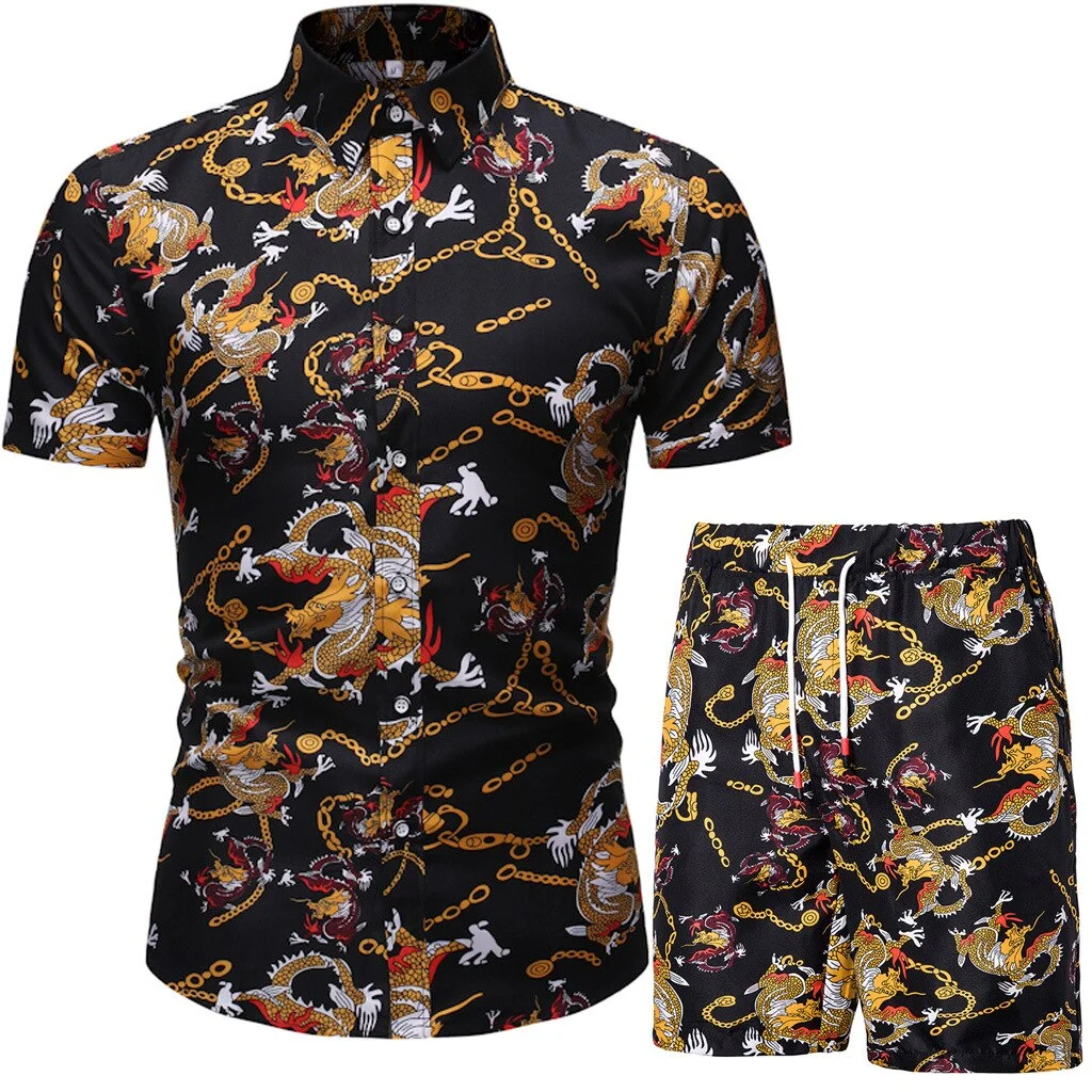 2021 Summer New Men's Casual Suit Korean Slim Short Sleeve Shirt Shorts Mens Beach Suit 2 Piece Set