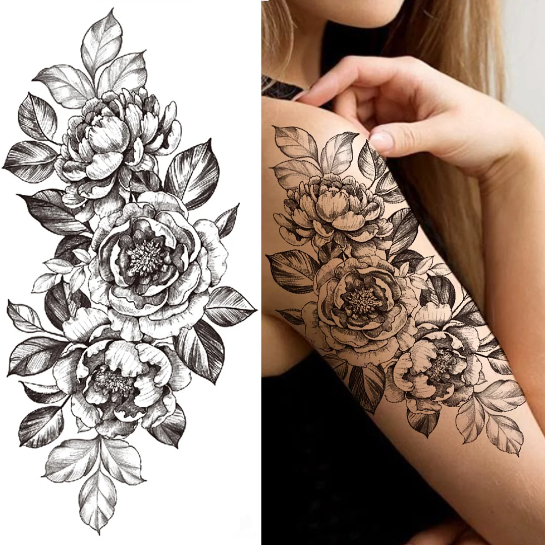 Sdrawing Compass Lion Rose Temporary Tattoo For Men Adults Realistic Fake Tiger Crown Cross Tattoo Sticker Thigh Half Sleeve Tatoo