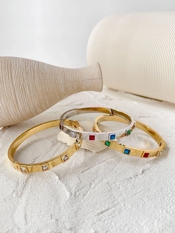 Fashion Square Titanium Steel 18K Gold Plated Zircon Bangle In Bulk