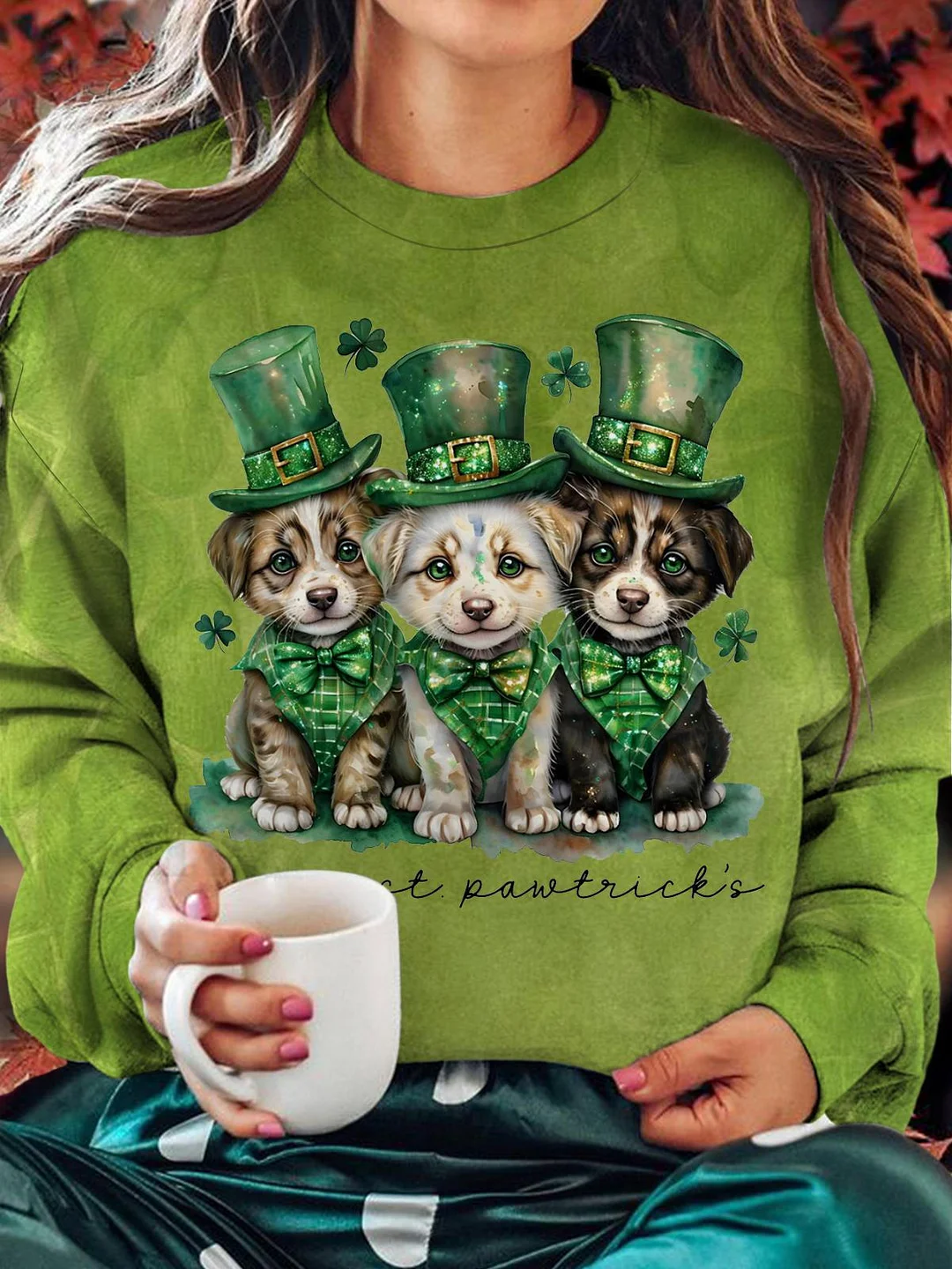 St. Patrick's Dog Printed Long Sleeve Casual Top