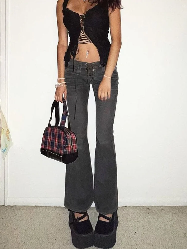 Rapcopter y2k Grey Flare Jeans Lace Up Cute Retro Trousers Low Waisted Patchwork Cargo Pants Aesthetic Korean Chic Women Jeans