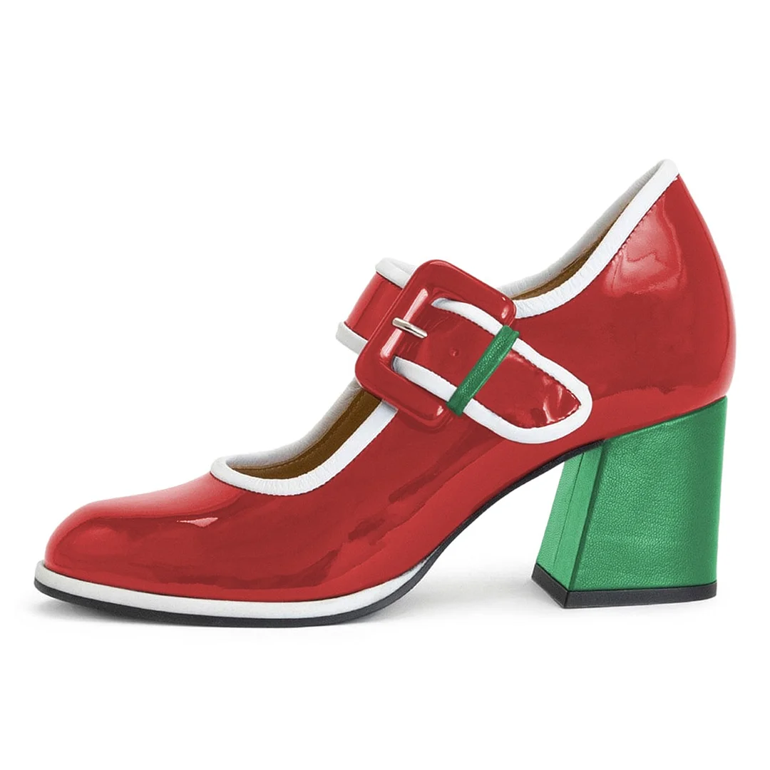 Patent Leather Closed Toe Block Heel Mary Jane Red Pumps with Buckle