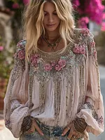 Women's Bohemian Rose Embroidery Vintage Crew Neck Long Sleeve Top