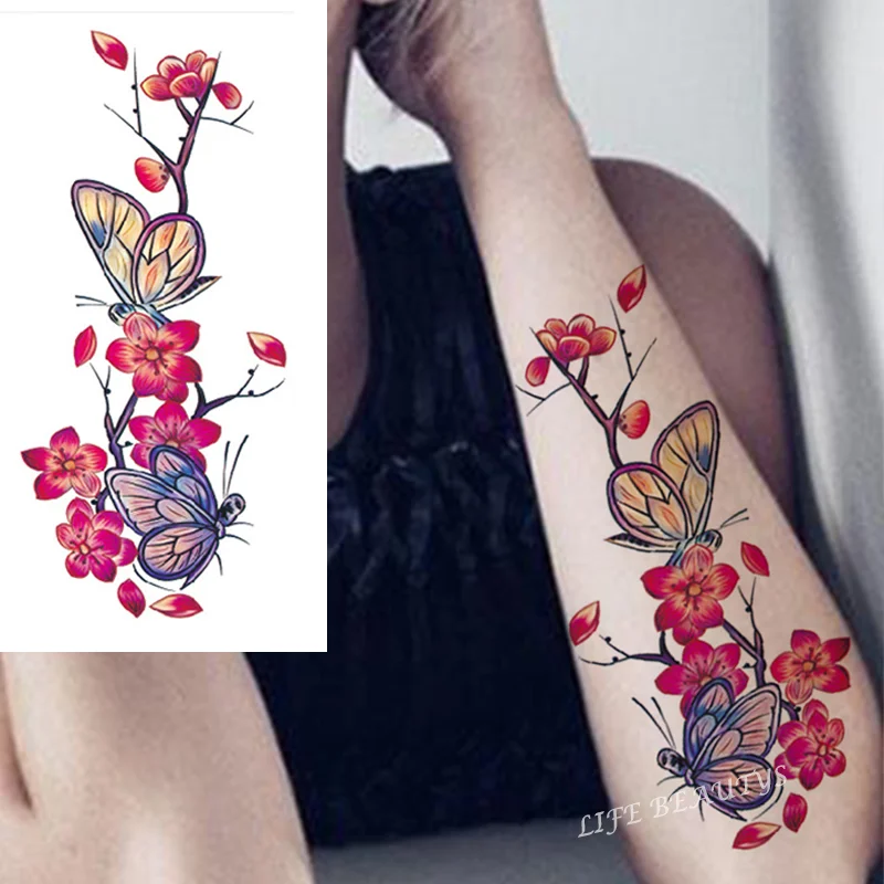 Sdrawing Transfer Pink Henna Rose Flower Temporary Tattoo Sticker Butterfly Pattern Body Art Waterproof Fake Woman's Flash Tattoo