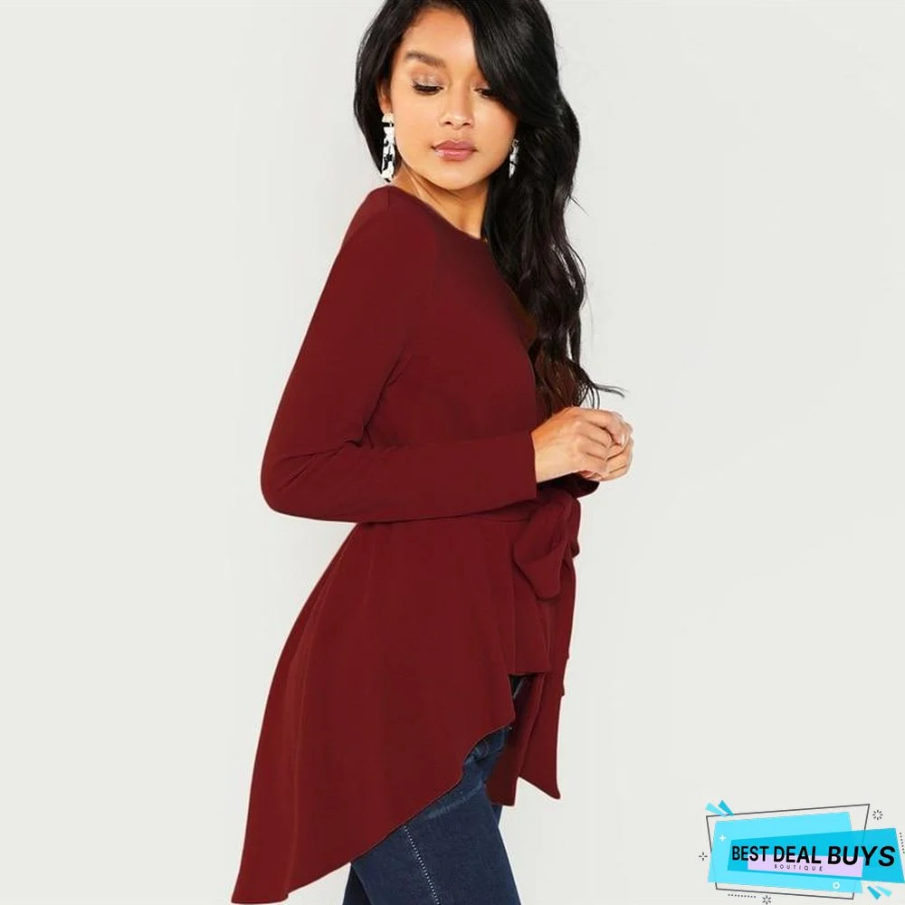 Burgundy Long Sleeve Blouse Elegant Self Belted Asymmetrical Hem Tops Blouses
