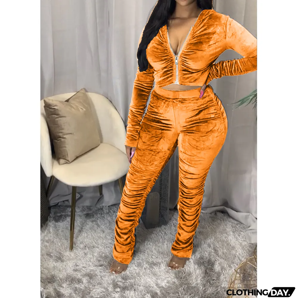 Velvet Pleated Zipper Hooded Jacket Skinny Pants Suit