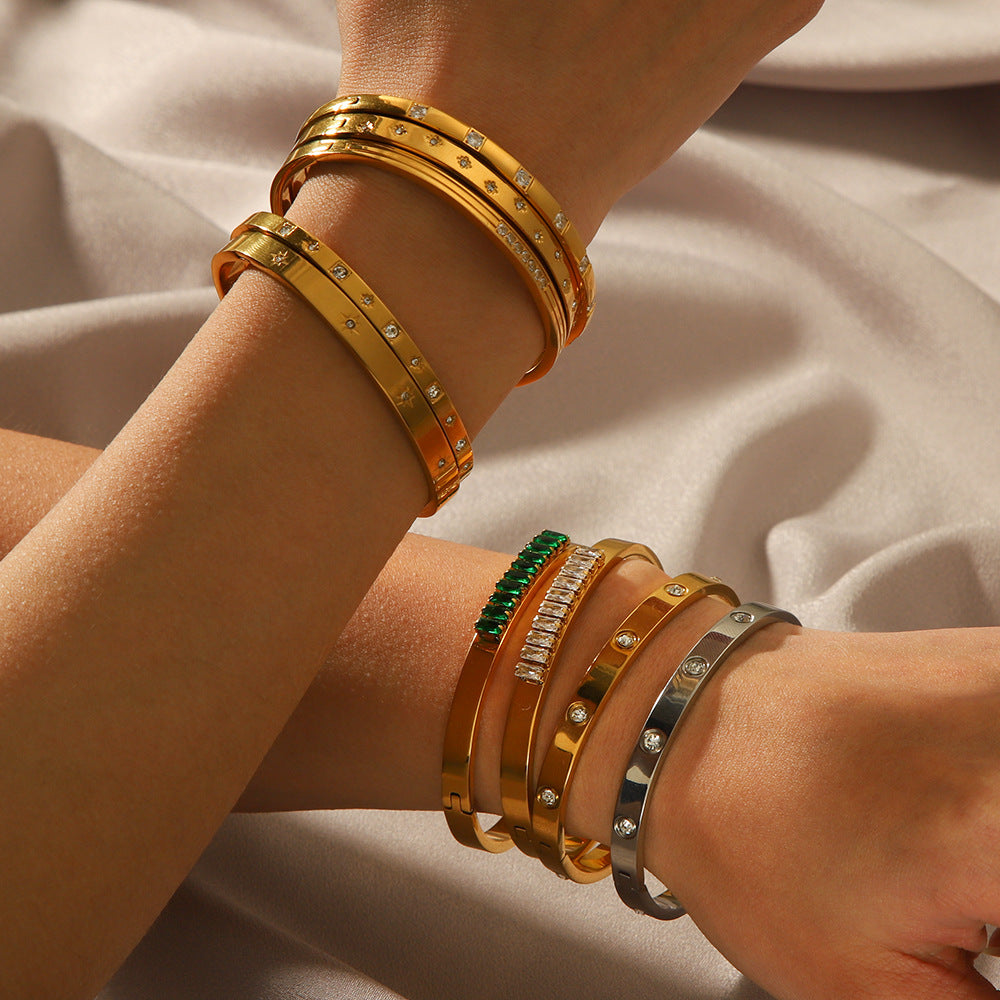 IG Style Ellipse Circle Round Stainless Steel Diamond Inlay Bangles