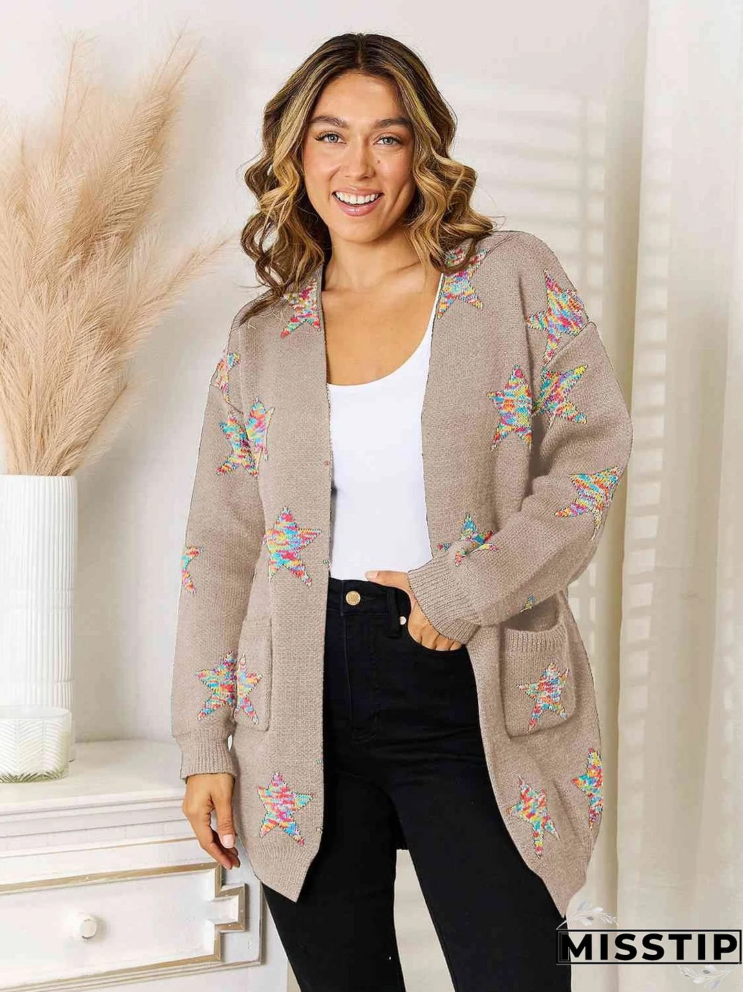 Star Pattern Open Front Cardigan with Pockets