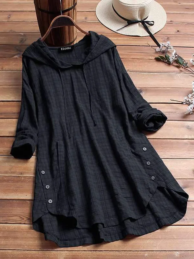 Plus Size Blouse Women Casual Hooded Long Sleeve Check Plaid Loose Tops Shirts Linen