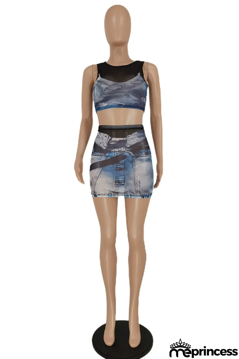 Blue Sexy Casual Print Patchwork O Neck Sleeveless Two Pieces