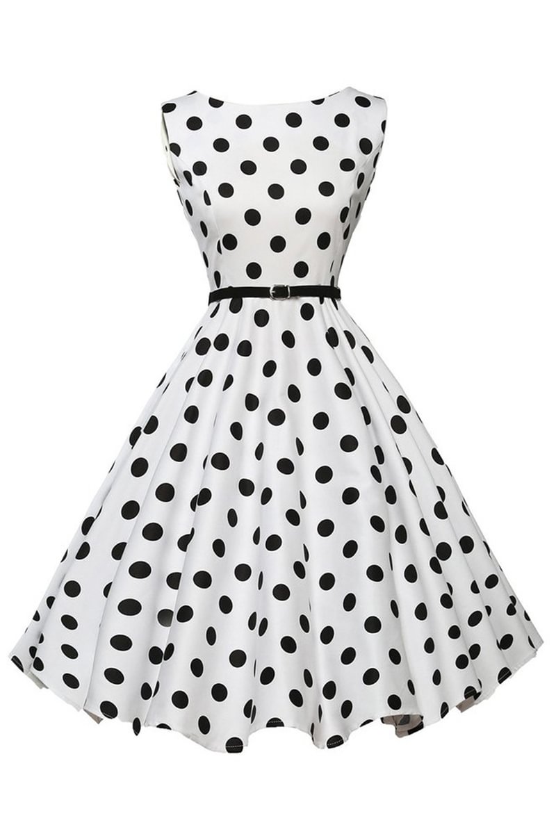 1950s White Party Polka Dot Swing Bell Midi Dress (With Belt)