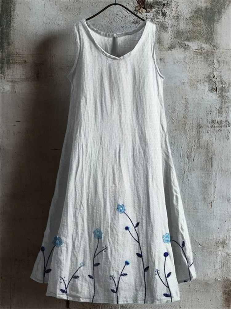 Classy Floral Embroidered Bottom Linen Tank Dress