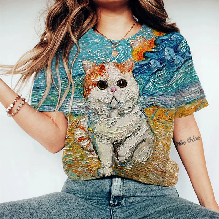 Cute Fat Cat Oil Painting Art Print T-shirt socialshop