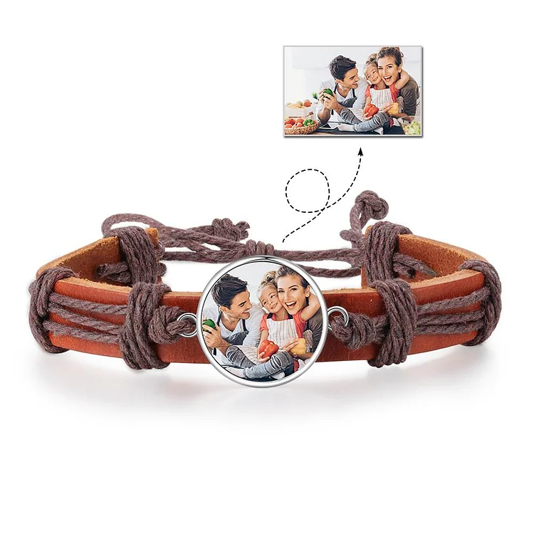 Photo Engraved Men Leather Bracelet Round Photo Tag Bracelets Brown