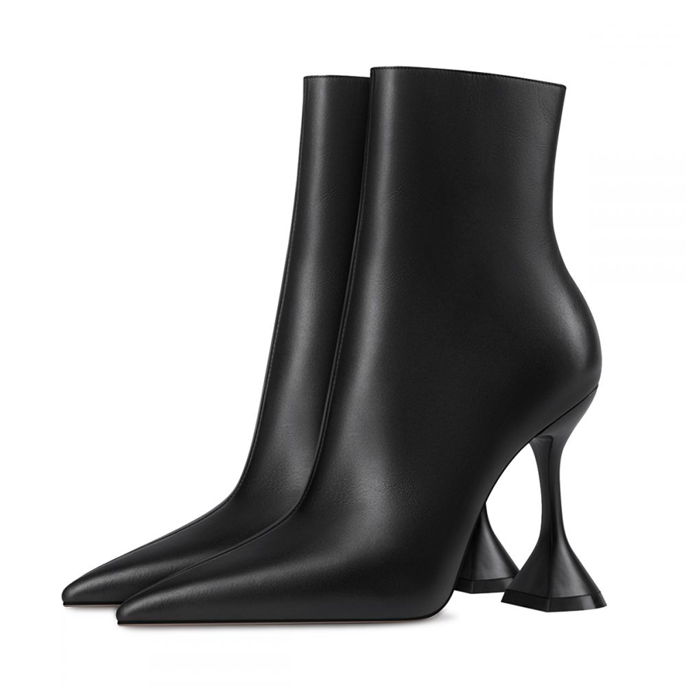 Trendy Black Pointed Toe Side Zip Ankle Boots with Flared Heel Nicepairs