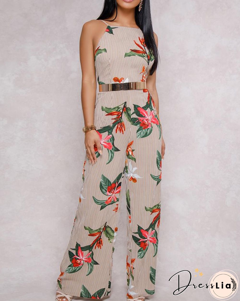 Floral Printed Halter Open Back Casual Wide Leg Jumpsuit